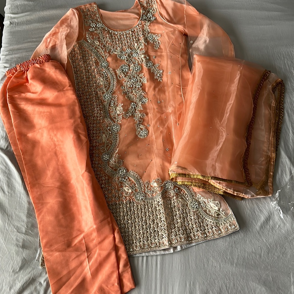 Shalwar Kameez- Elegant Peach Embroidered Dress, Size Medium